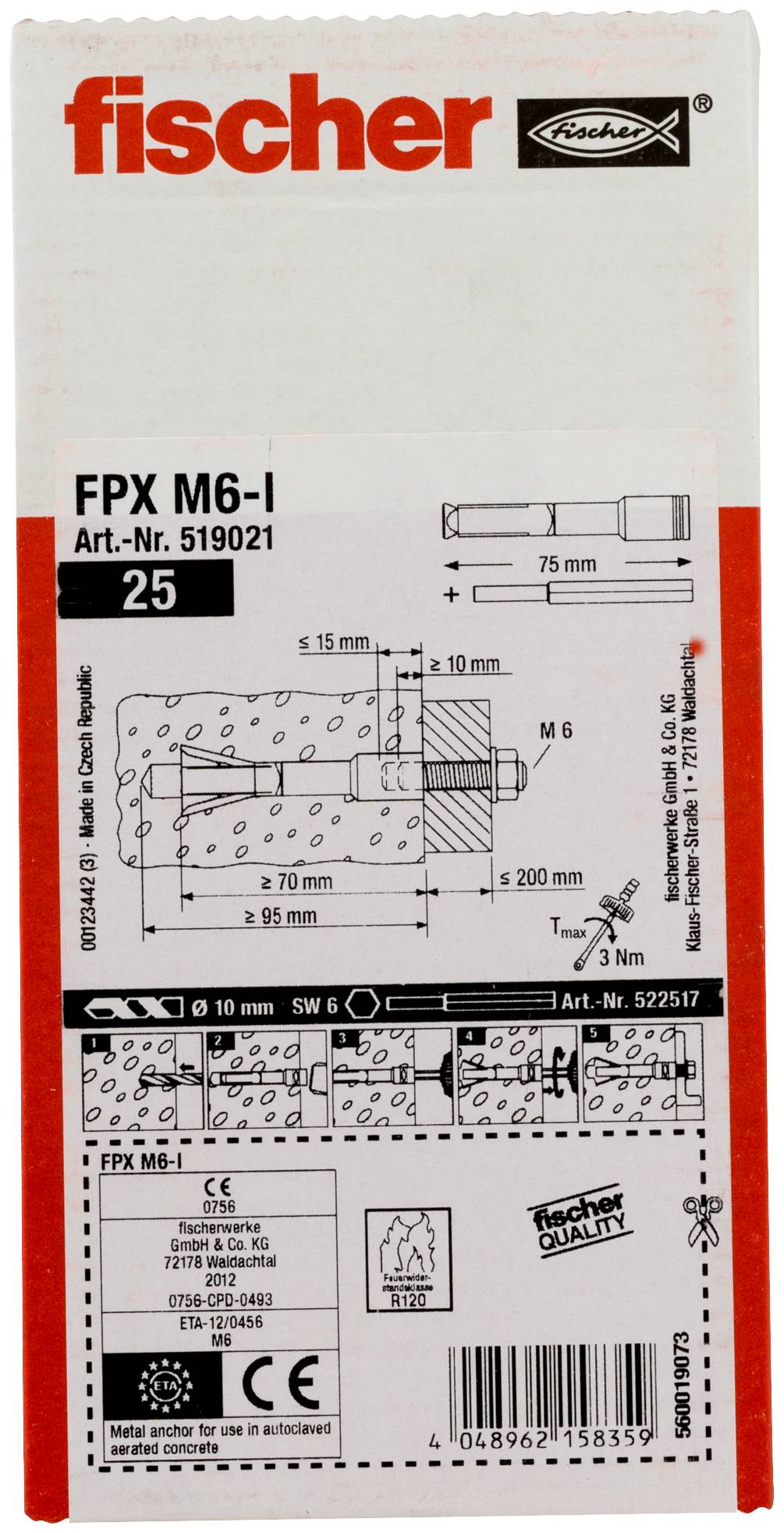 Fischer 519021 Porenbetonanker 75mm 10mm 25St.
