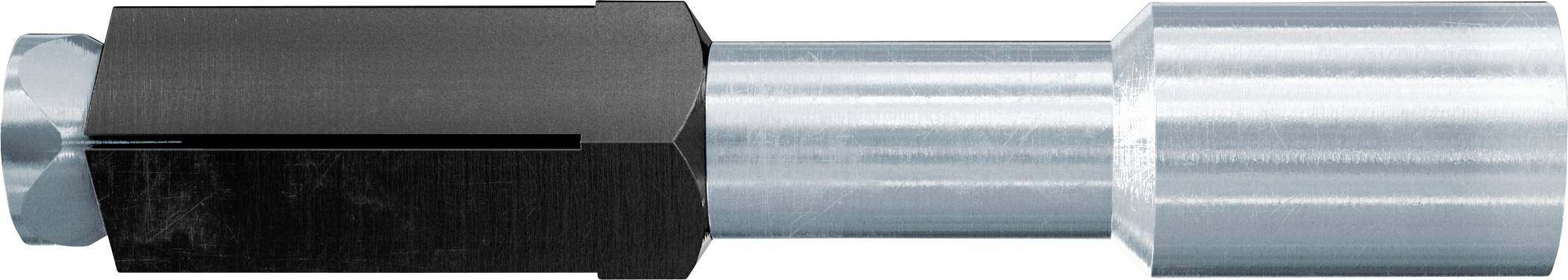 Metallschlaucharmatur mit schwarzer sechskantiger Mitte und silbernen Enden, dargestellt auf weißem Hintergrund.