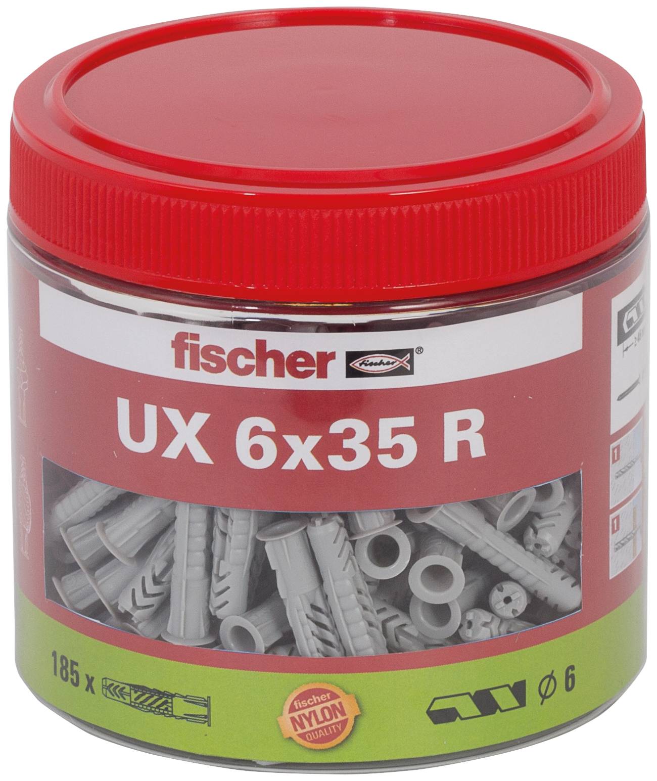 Roter Kunststoffbehälter mit Fischer UX 6x35 R Kunststoff-Dübeln mit grauen Dübeln, die durch das Etikett sichtbar sind.