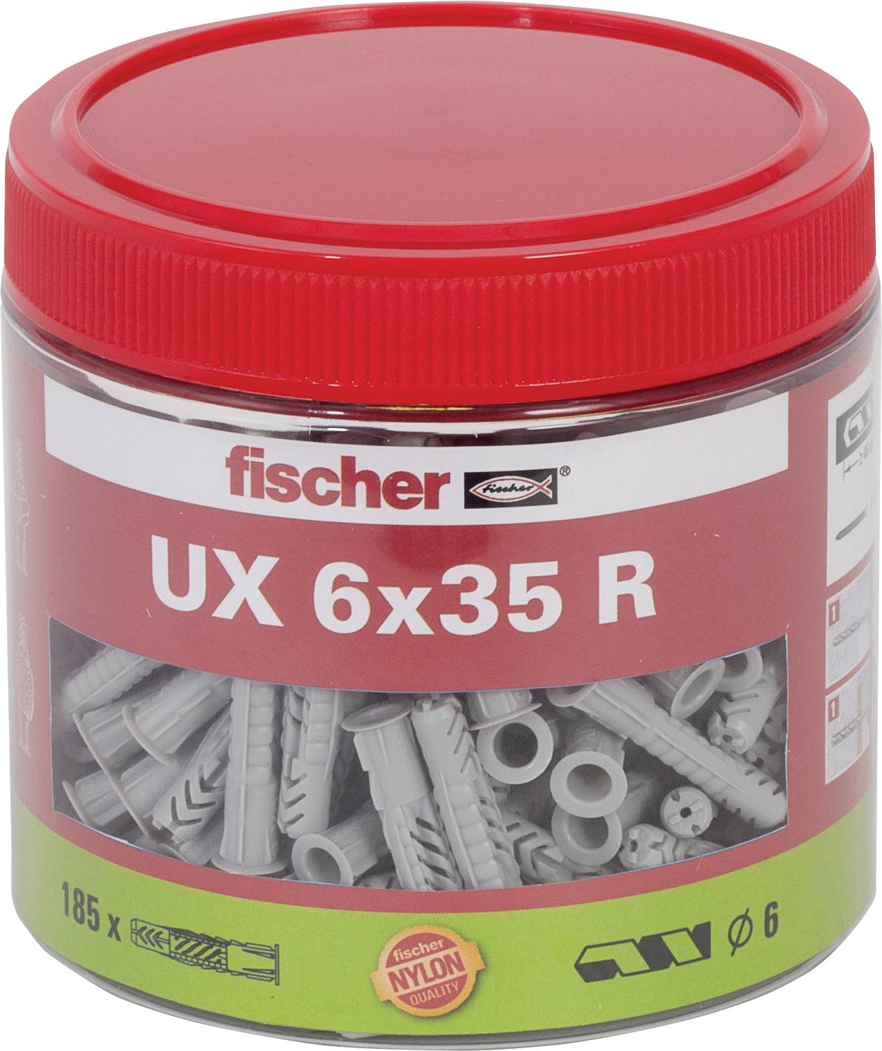 Roter Kunststoffbehälter mit Fischer UX 6x35 R Kunststoff-Dübeln mit grauen Dübeln, die durch das Etikett sichtbar sind.