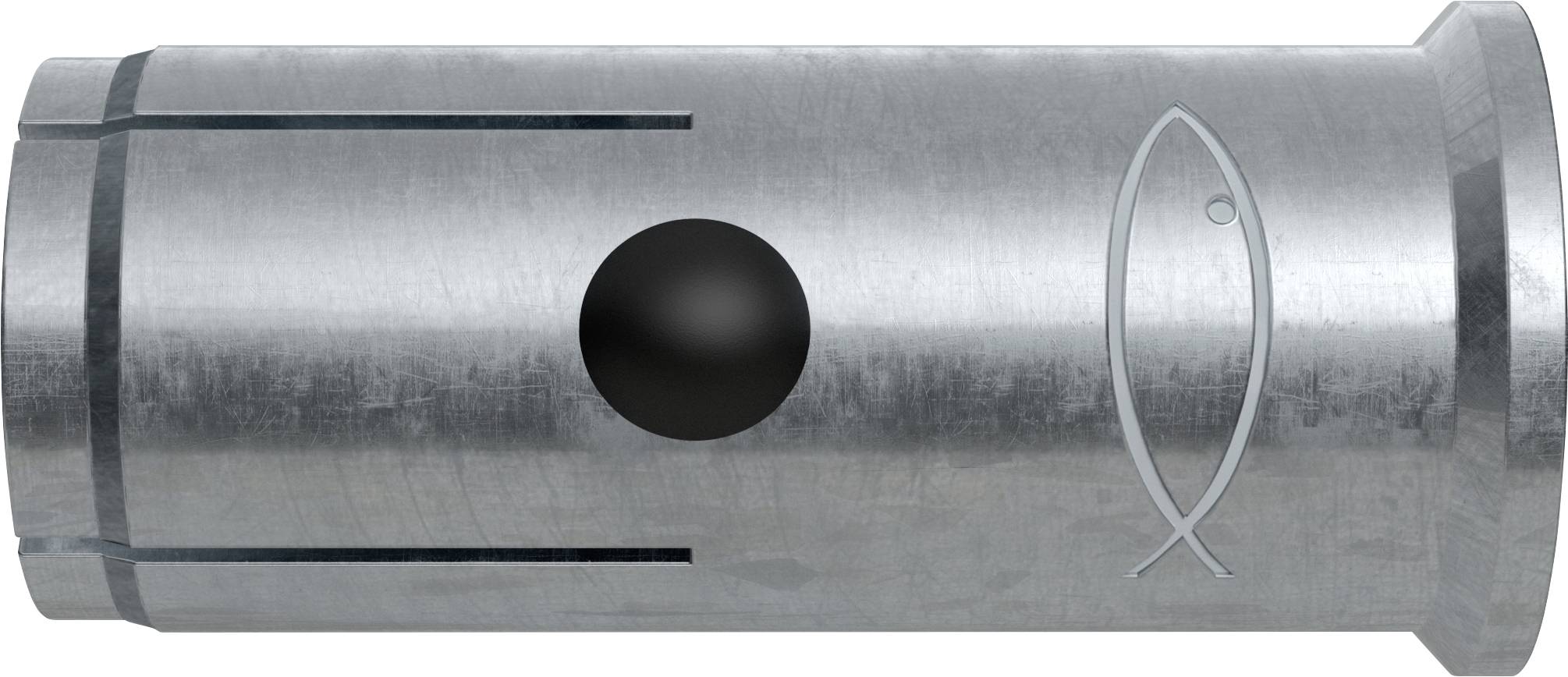 Metallischer zylindrischer Rutenhalter oder eine Halterung für Angelruten mit einem großen Seitenloch und einem geätzten Fischsymbol auf einer silbernen Oberfläche.