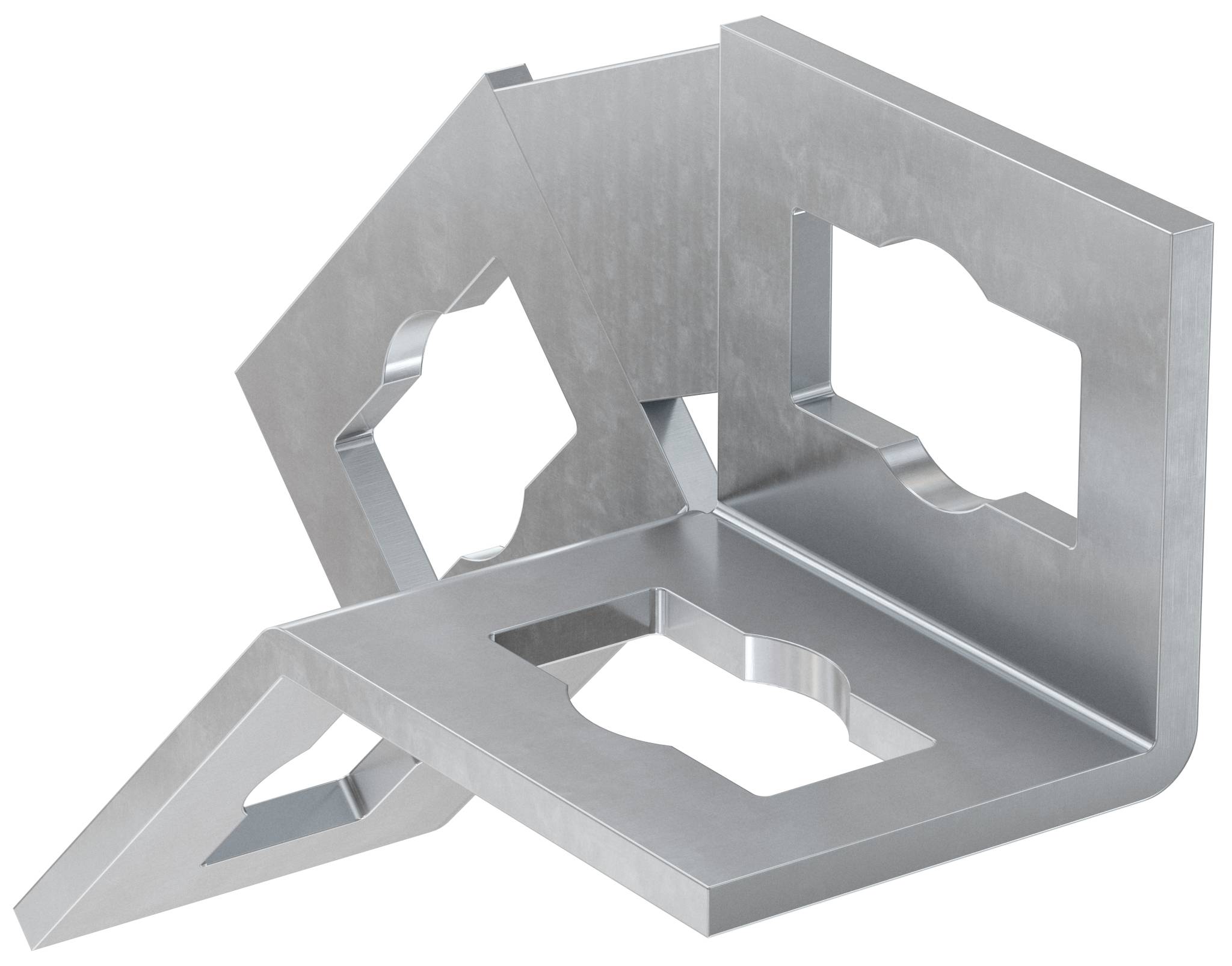 Metalleckwinkel mit drei flachen Platten und Ausschnitten, dargestellt auf weißem Hintergrund.