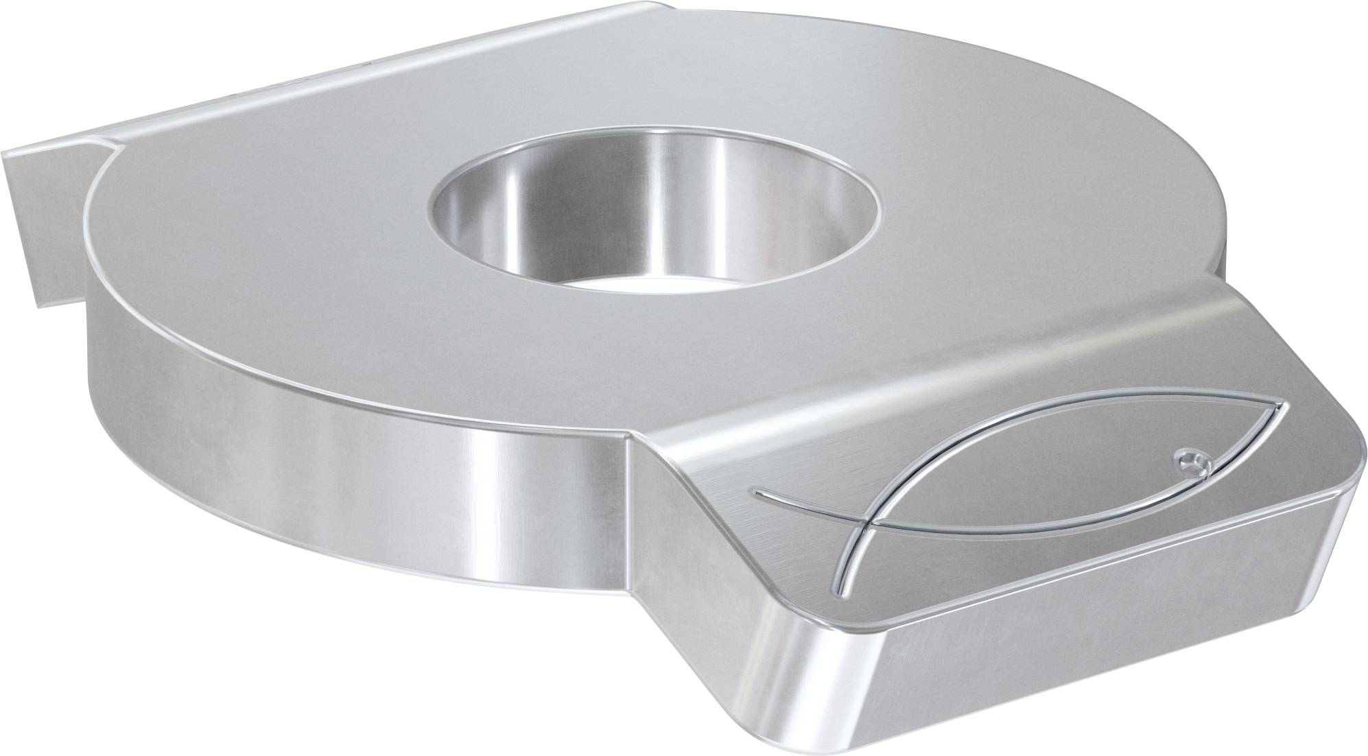 Silbermetallic, kreisförmige Industriekomponente mit zentralem Loch und erhabener Vorderlasche, auf weißem Hintergrund dargestellt.