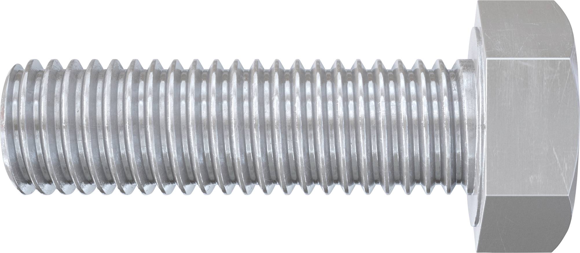 Nahaufnahme einer Seitenansicht einer silbernen Metallsechskantschraube mit Gewelltem Schaft und sechskantigem Kopf auf weißem Hintergrund.