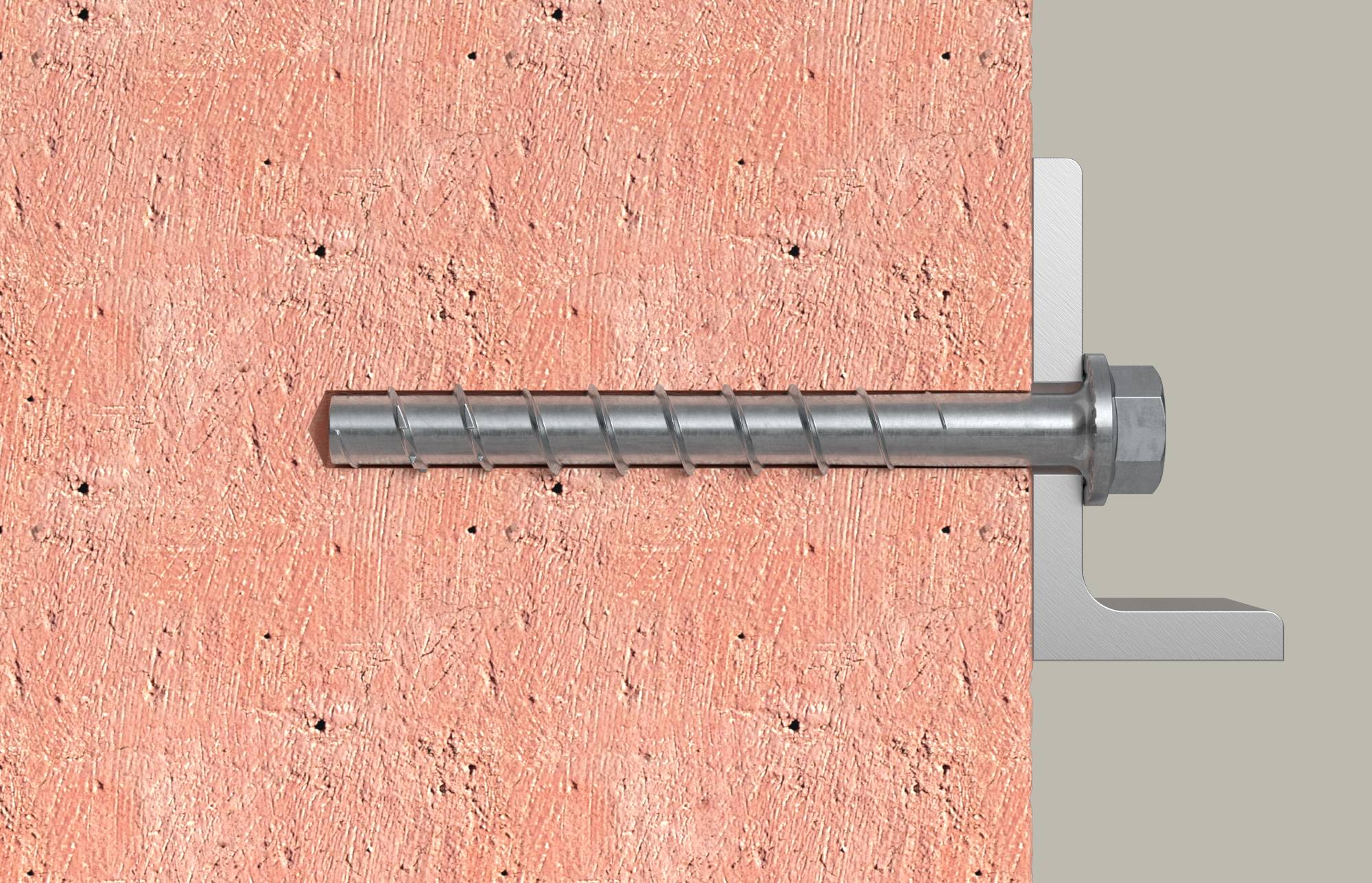 Metallduebel-Ankerbolzen horizontal in eine Betonierwand eingesetzt, in Seitenansicht dargestellt, mit der Ankerhülse im Mauerwerk und dem Kopf auf der rechten Seite.