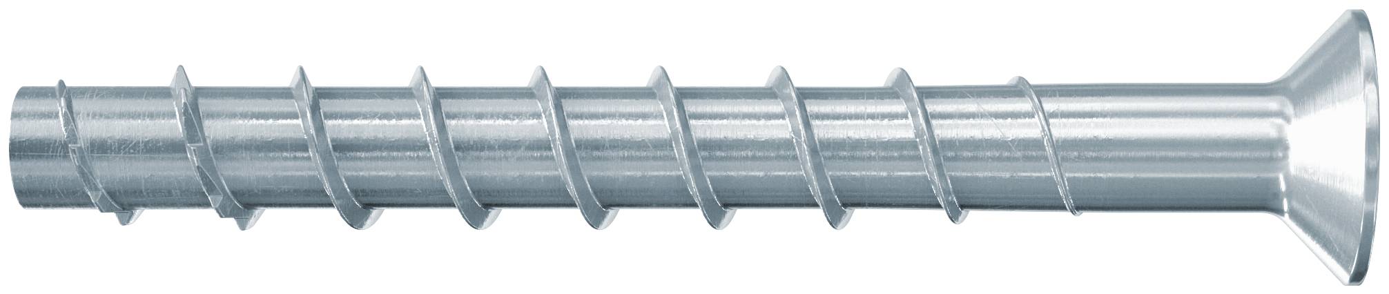 Eine Metallschraube mit einem langen Gewindelschaft und einem flachen Senkkopf, horizontal auf weißem Hintergrund dargestellt.