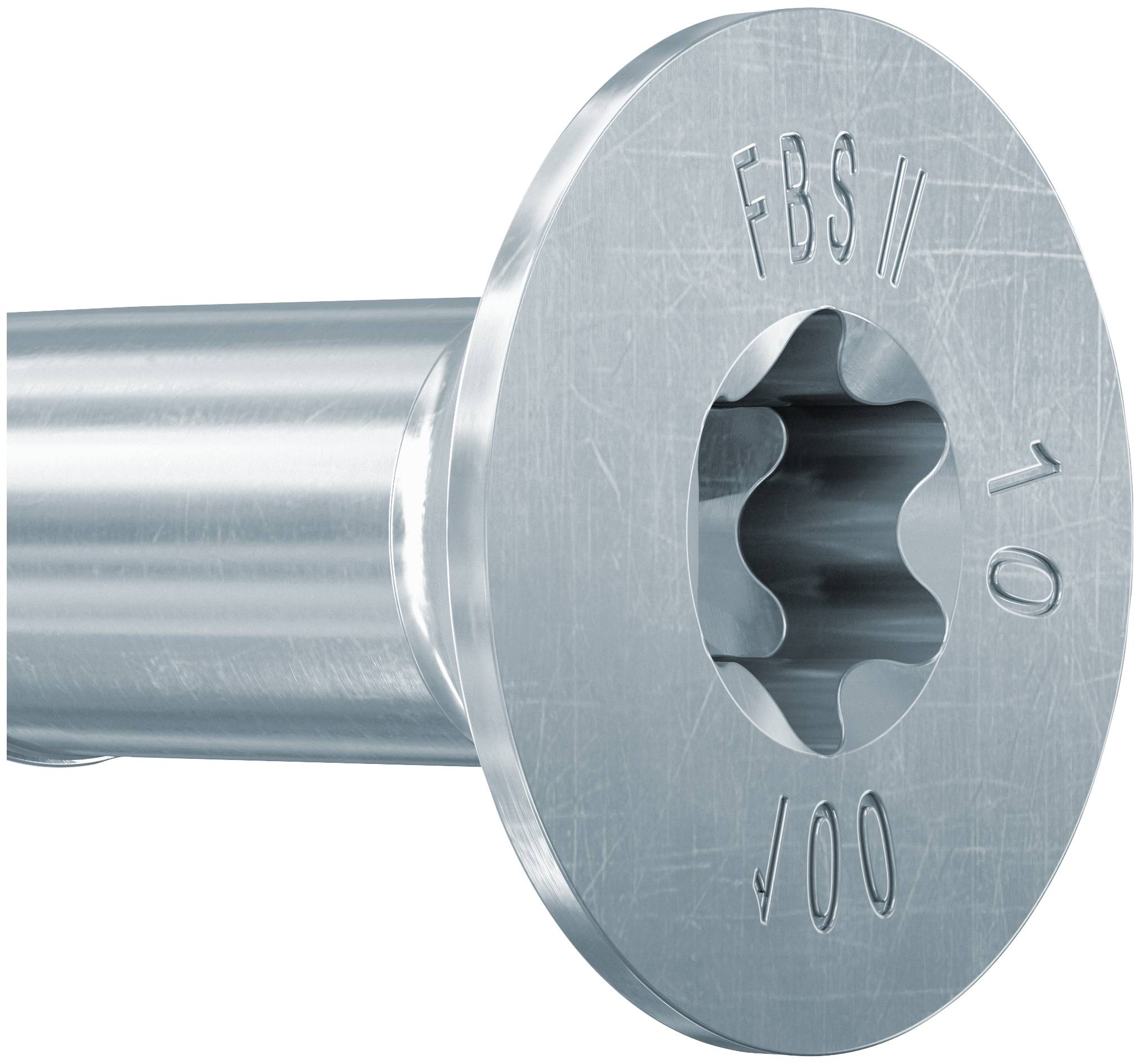 Nahaufnahme einer Metallschraube oder eines Werkzeugbits mit einem sternförmigen Innensechskant-Kopf, dargestellt auf weißem Hintergrund.