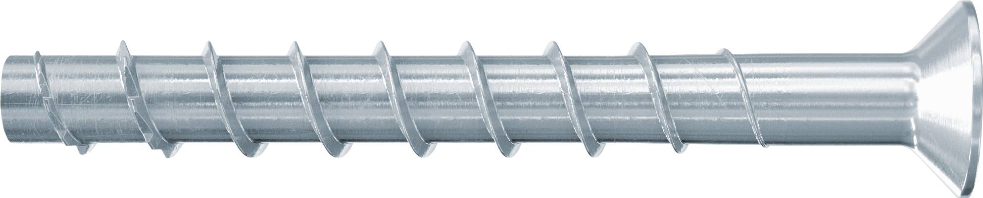 Eine Metallschraube mit Flachkopf und Spiralgewinde, horizontal auf weißem Hintergrund dargestellt.