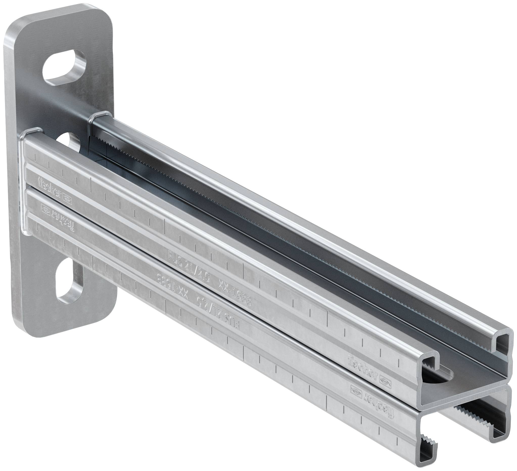 Metallwandhalterung mit drei parallel ausgerichteten Stahlkanälen, die nach außen verlaufen, auf weißem Hintergrund.