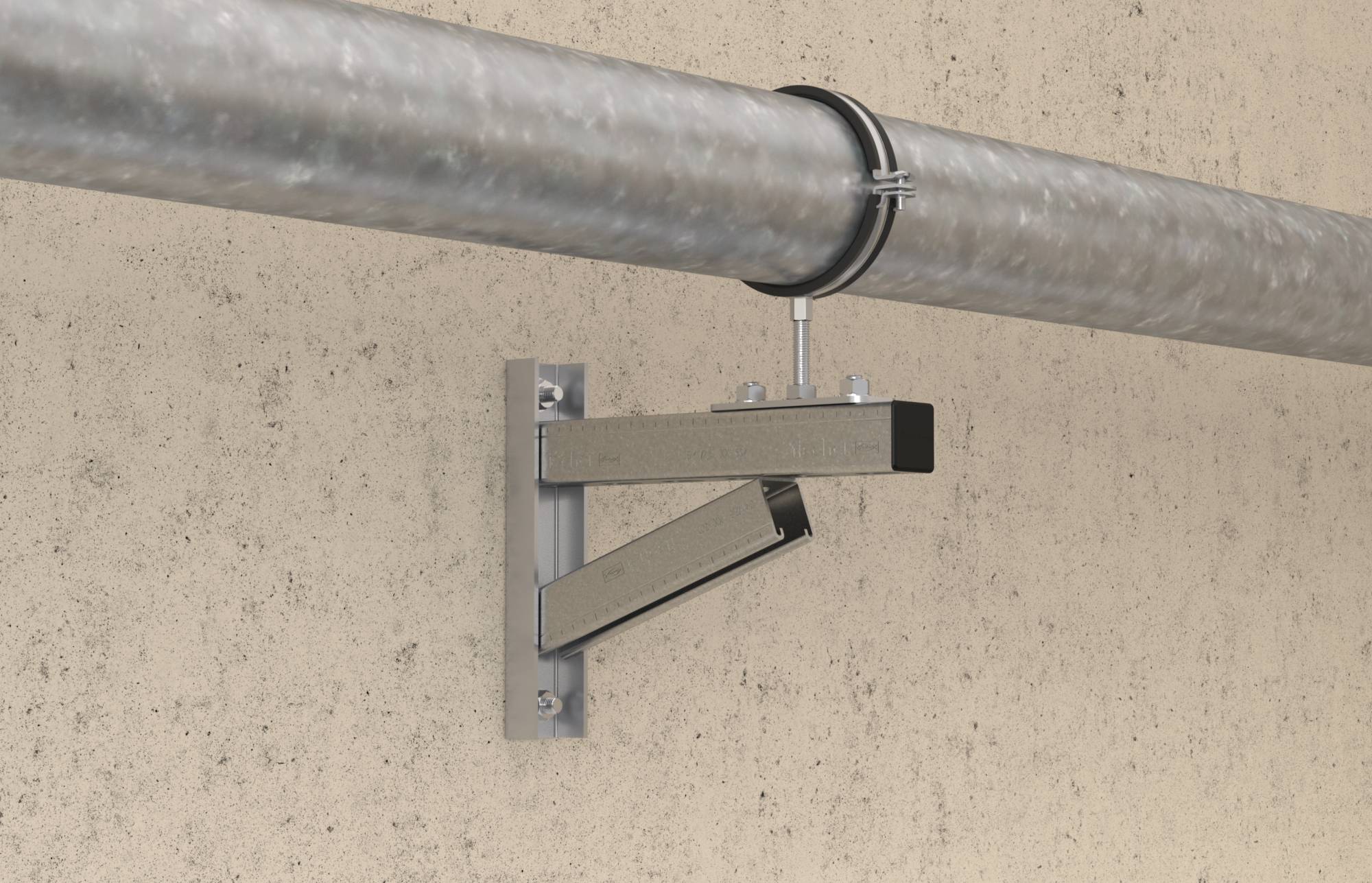 Metallrohr, das durch eine wandmontierte Halterung gegen eine Betonwand gestützt wird.