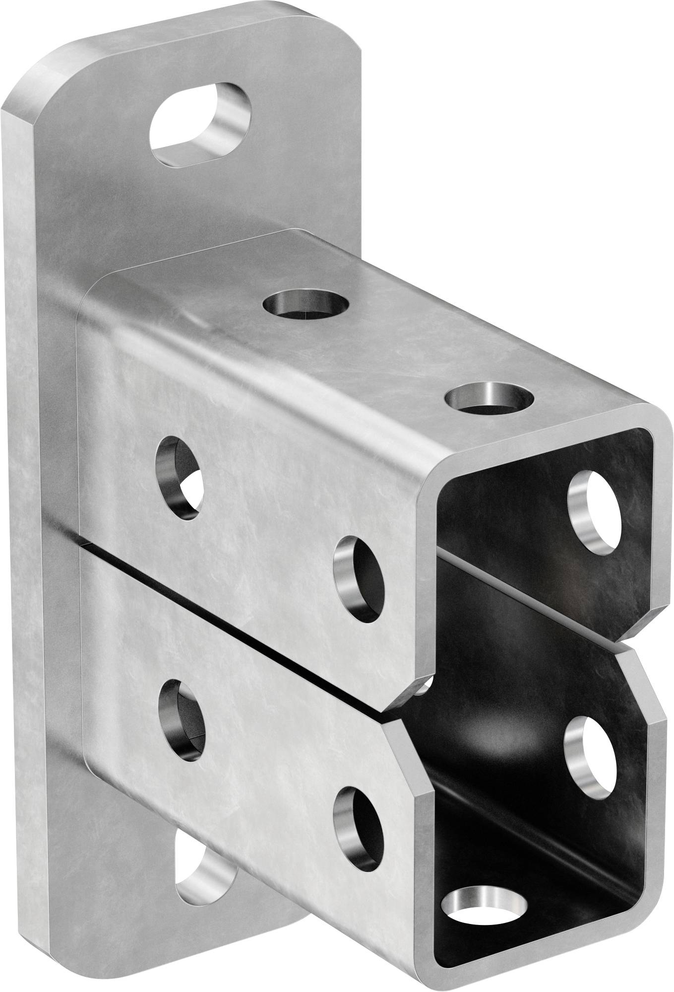Metallisches Strukturbefestigungsblech mit Befestigungslöchern und einem offenen Schlitz zum Befestigen von Balken oder Rohren.