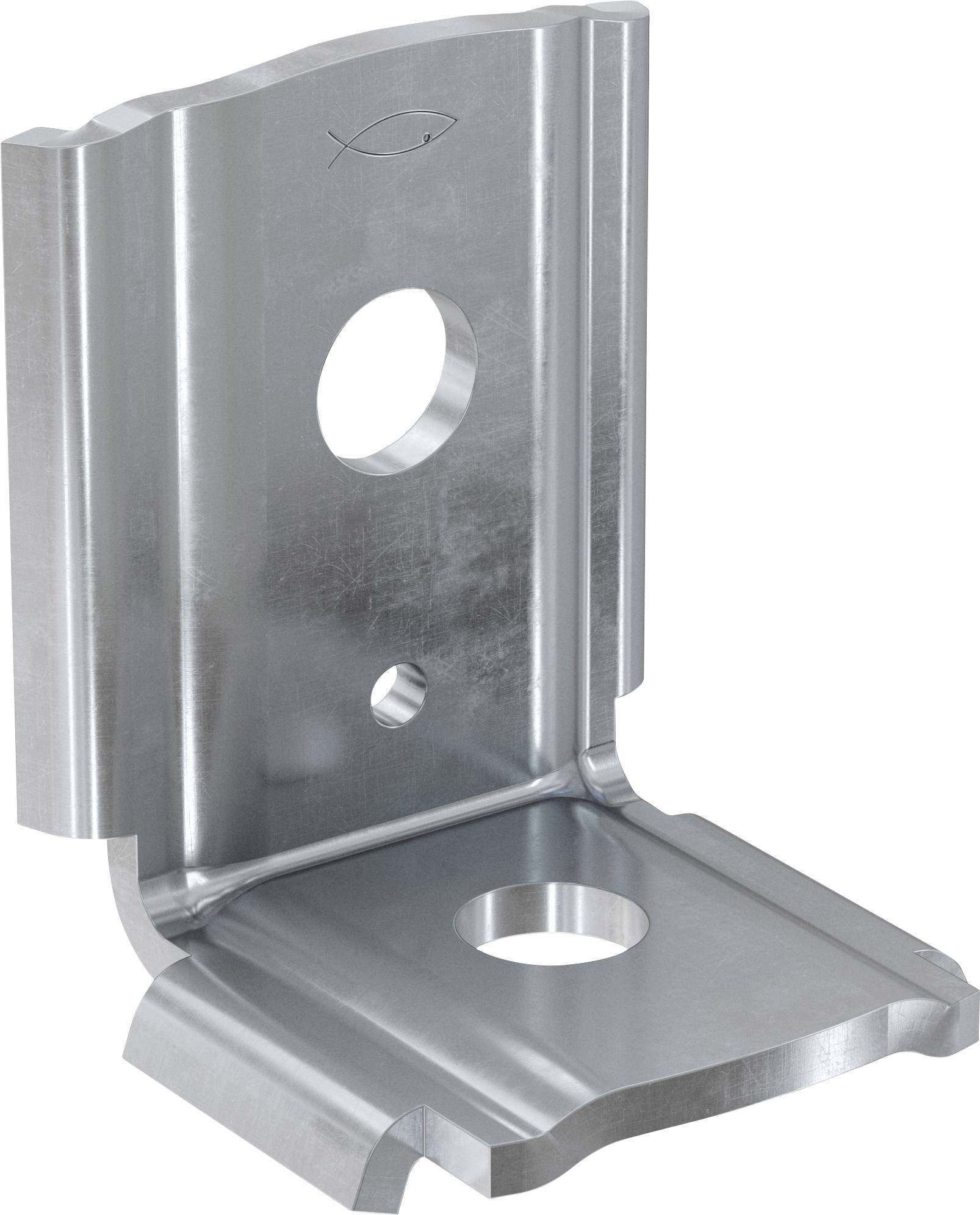 Silber-Metallhalterung in L-Form mit einem großen und einem kleinen Befestigungsloch.