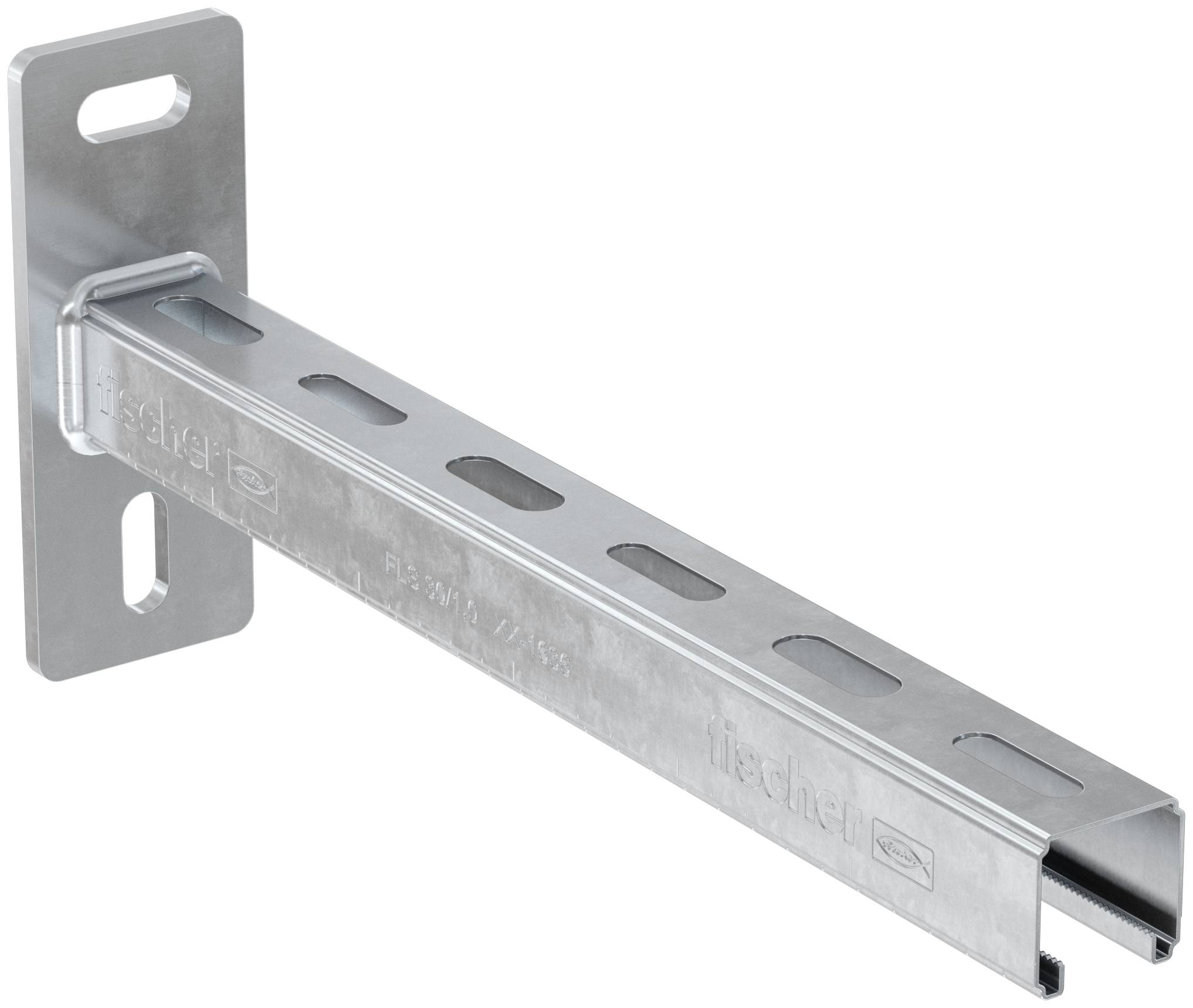 Wandmontierter Metallstützträger mit langem Schlitzarm, der nach außen ragt und zum Halten oder Aufhängen einer Konstruktion verwendet wird.