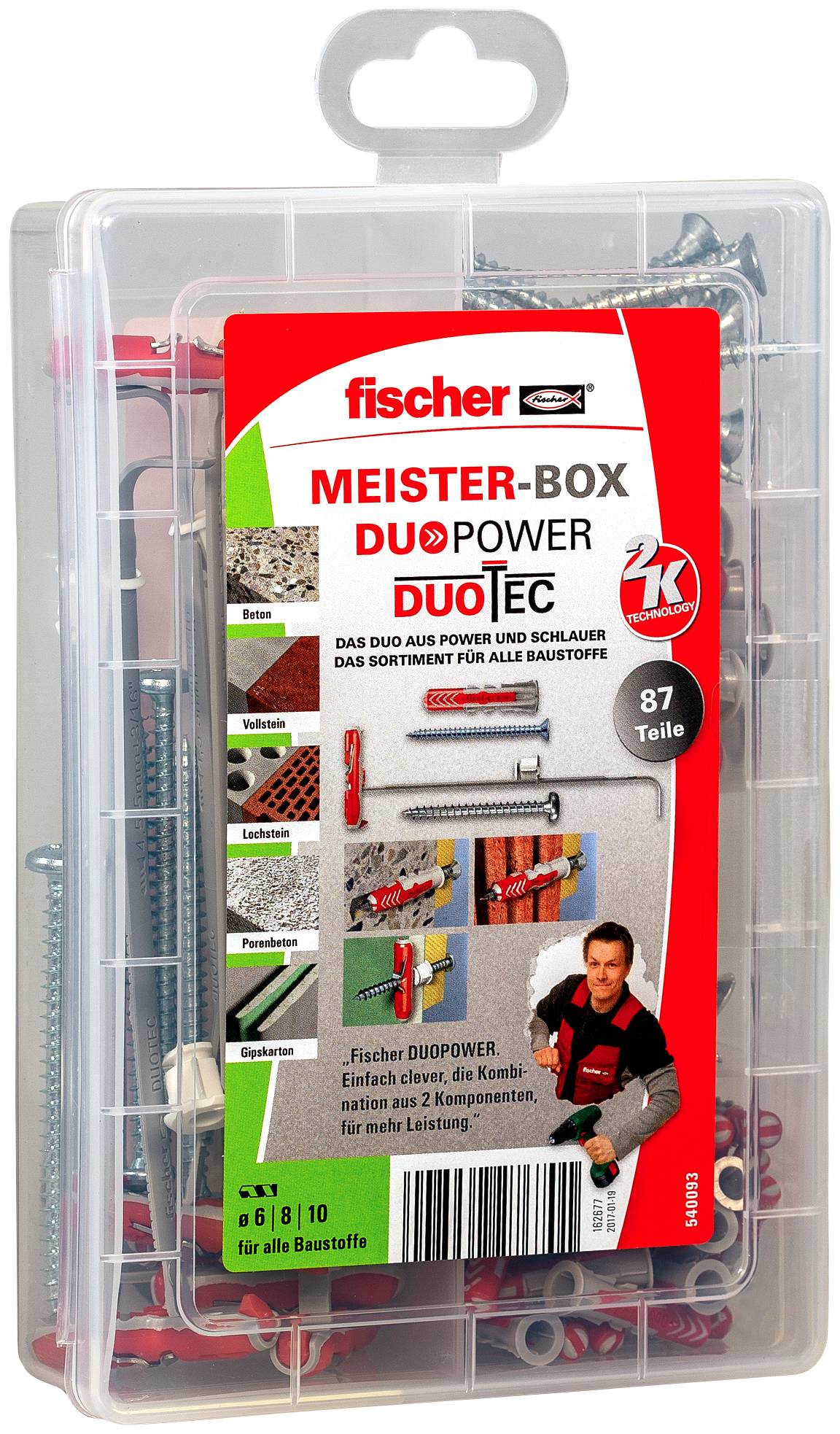 Durchsichtige Kunststoffbox mit Fischer DUOPOWER DuoTec Wanddübeln und Schrauben mit rot-weißem Produktetikett und Aufhängevorrichtung.