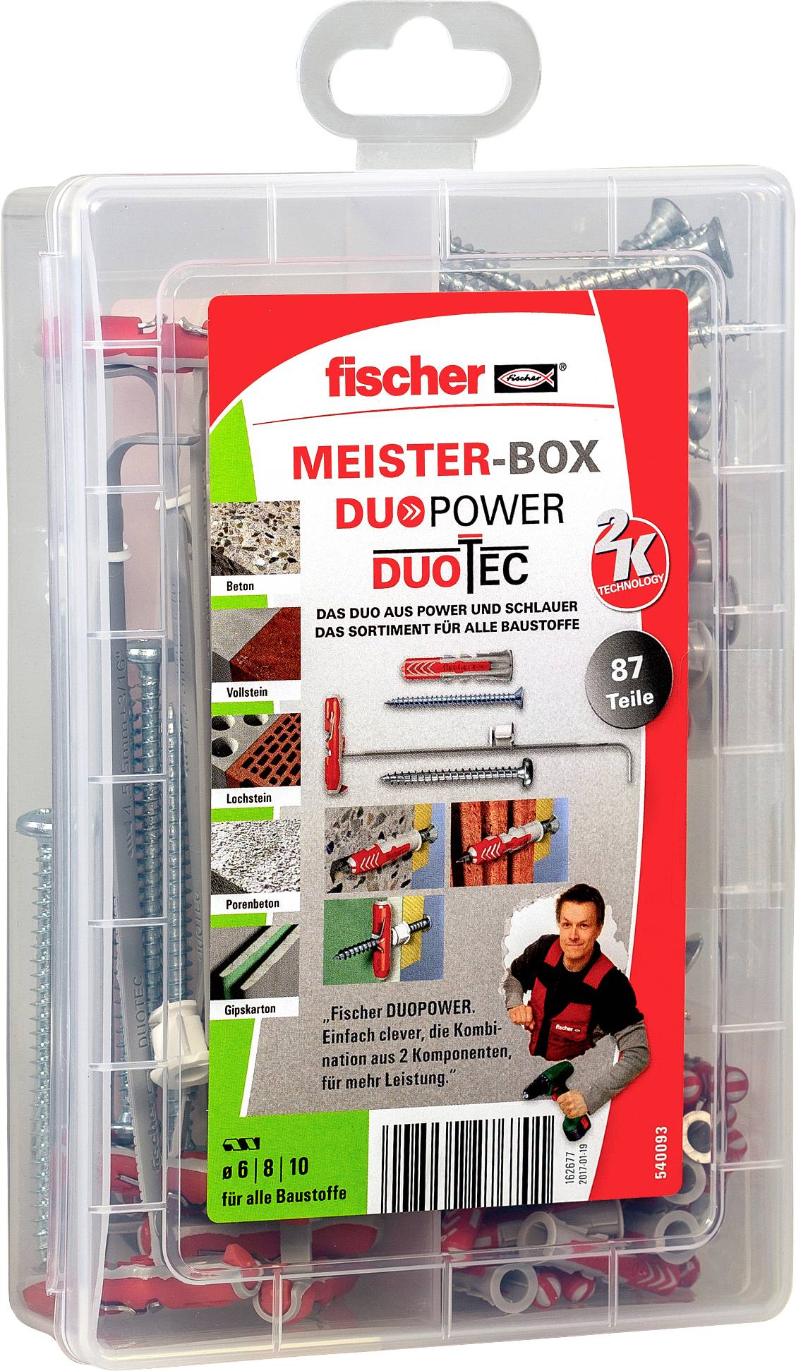 Durchsichtige Kunststoffbox mit Fischer DUOPOWER DuoTec Wanddübeln und Schrauben mit rot-weißem Produktetikett und Aufhängevorrichtung.