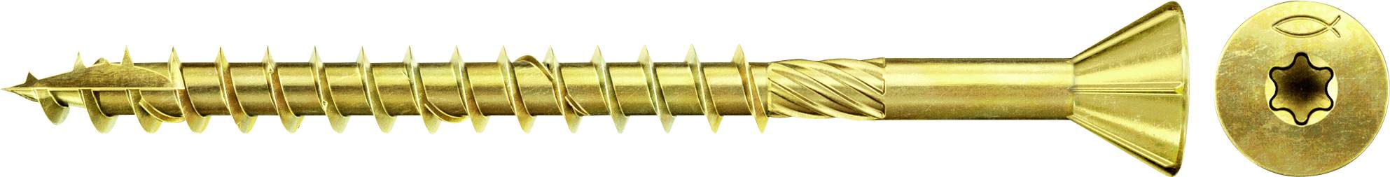 Eine goldfarben Schraube mit Senkkopf, horizontal auf weißem Hintergrund dargestellt.