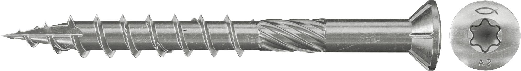 Nahaufnahme einer Metallselbstbohrschraube mit Senkkopf und sternförmigem Torx-Antrieb, dargestellt neben einer separaten Schraubenkopfansicht.