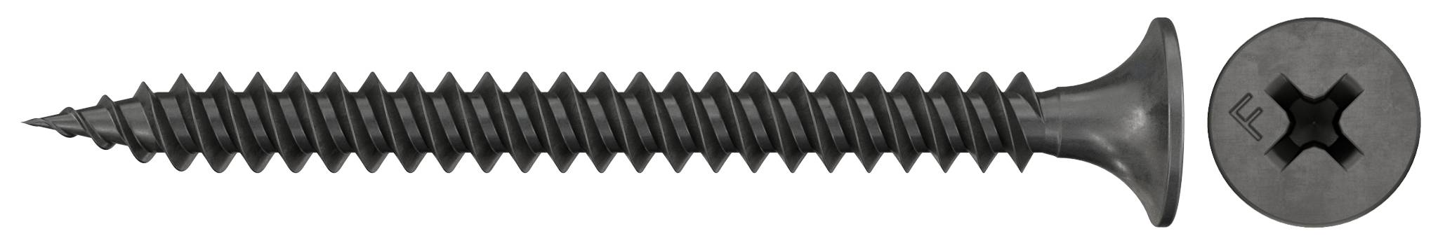 Eine schwarze Schraube mit rundem Kopf in Seitenansicht, plus eine Nahaufnahme ihrer kreuzförmigen Antriebsnut.
