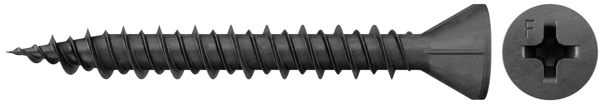 Schwarze Senkkopfschraube mit Phillips-Kopf in Seitenansicht, rechts mit Nahaufnahme des Schraubenkopfes.