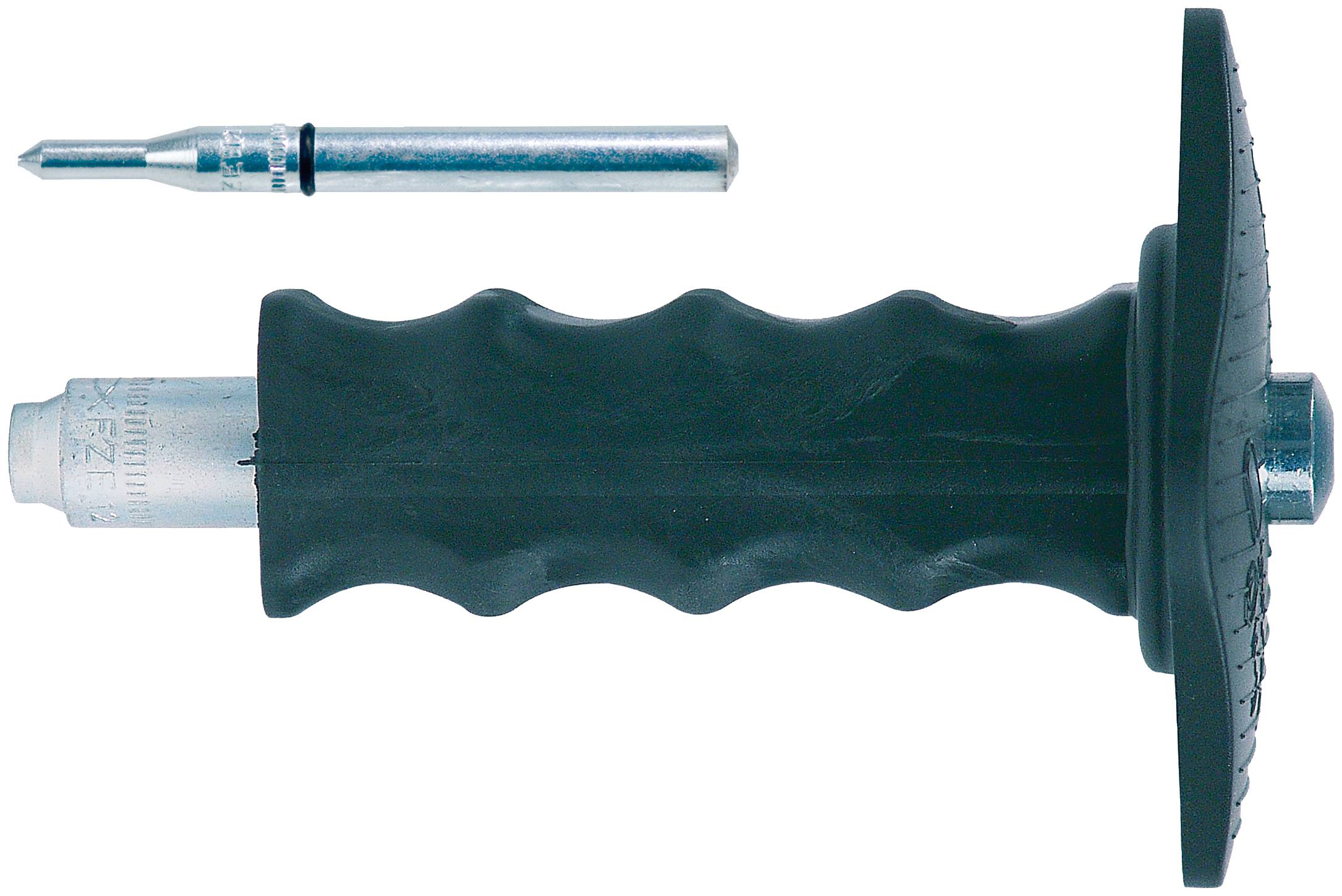 Schwarzes Handwerkzeug mit gerilltem Griff, Saugnapfbasis und separater Metall-Düsenanbringung auf weißem Hintergrund.