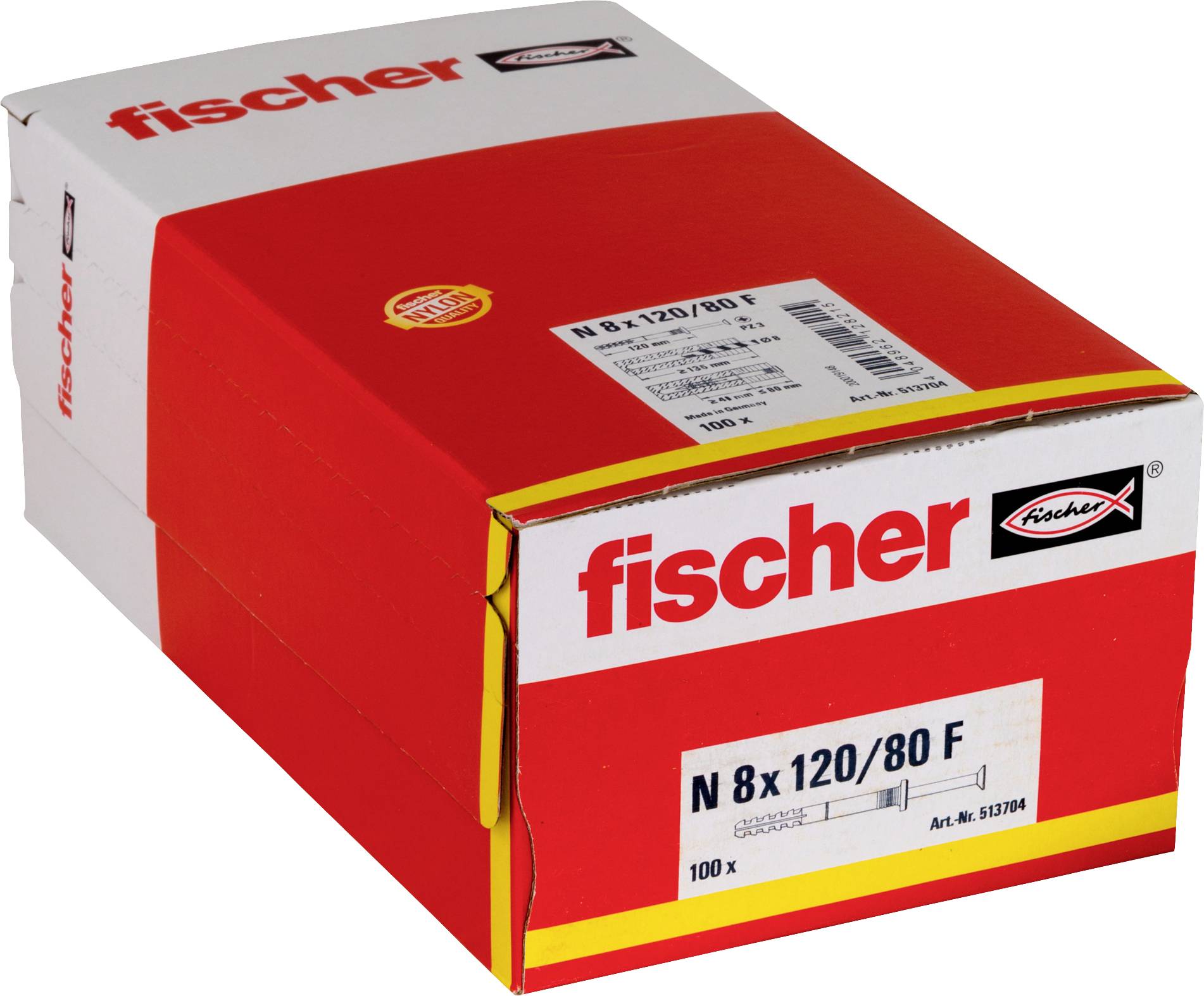 Rot-weiße Fischer-Produktbox mit der Bezeichnung „N 8x120/80 F