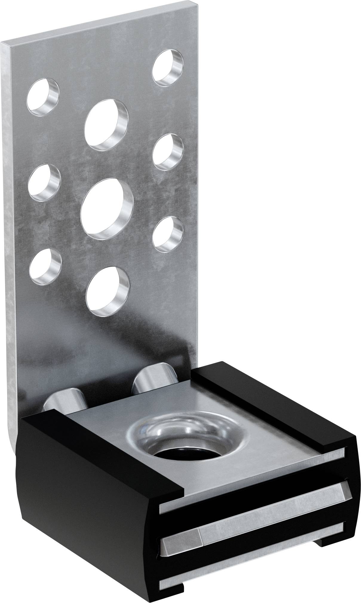 Metallverbindungswinkel mit perforierter Aufkantung und schwarzer Basis-Klemmvorrichtung, dargestellt als Befestigungshardware auf weißem Hintergrund.
