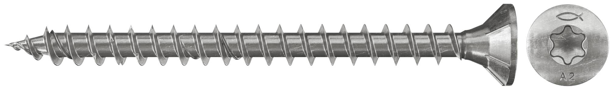 Eine silberfarbene Metallschraube mit einem sternförmigen Torx-Kopf, gezeigt mit einer Nahaufnahme des Schraubenkopfes auf der rechten Seite.
