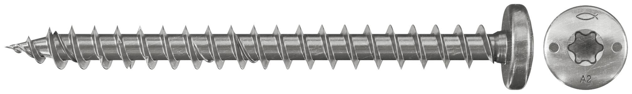 Eine Metallschraube mit einer scharfen spitzen Spitze und einem runden Torx-Kopf, horizontal auf weißem Hintergrund dargestellt.