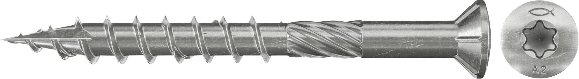Eine Metallschraube mit Torx-Kopf in Seitenansicht, mit teilweise gewindeltem Schaft und spitzer Spitze, sowie eine Nahaufnahme des Torx-Antriebskopfes.