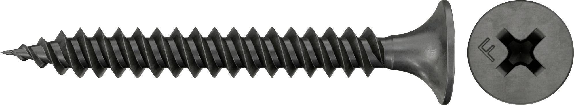 Schwarze Schraube in Seitenansicht mit Kreuzschlitz, plus eine Nahaufnahme des kreuzförmigen Schraubenkopfs auf der rechten Seite.