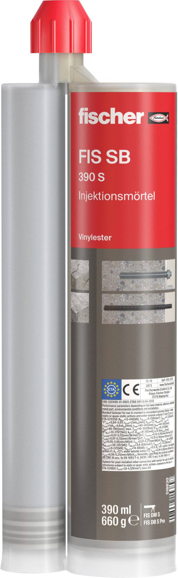 Fischer FIS SB 390 S Injektionsmörtelpat­rone mit Mischdüse, gekennzeichnet mit 390 ml und 660 g.