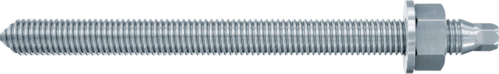 Ein metallischer Gewindestab mit einer Sechskantmutter und Bolzenende, horizontal auf weißem Hintergrund dargestellt.