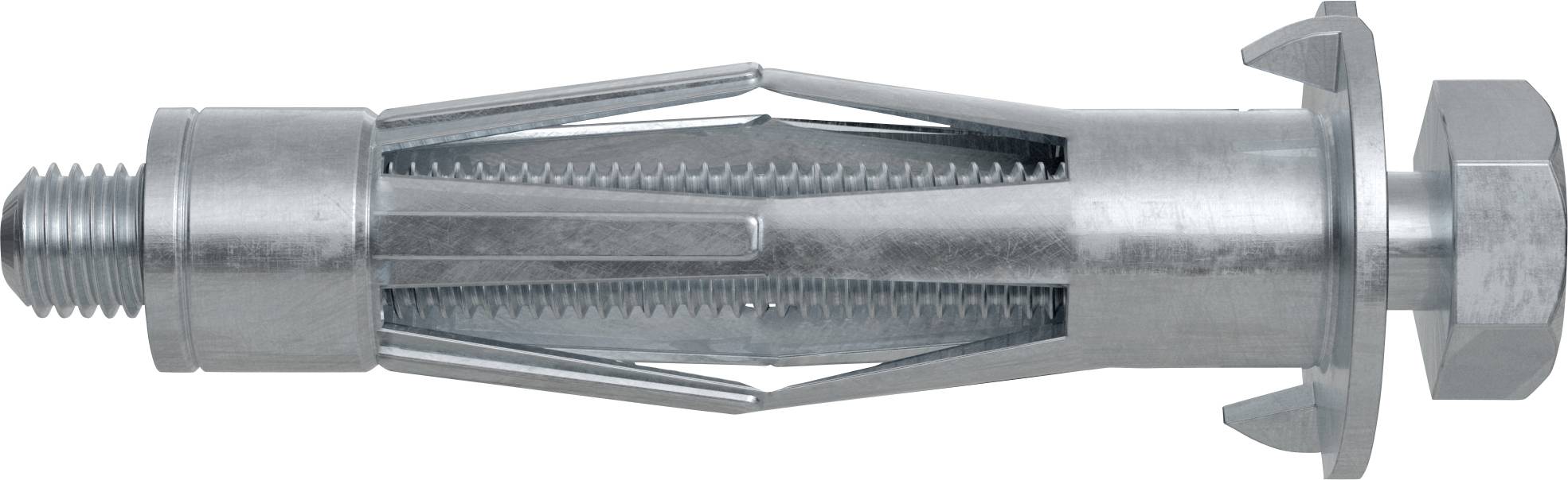Metallhülsenankerbolt mit Gewindelende, ausdehnbarem Spaltschaft, Unterlegscheibe und sechskantiger Mutter auf weißem Hintergrund.