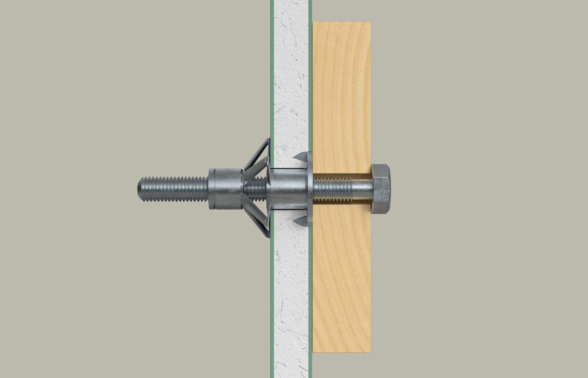 Querschnitt eines Spreizdübels, der in einer Wand verankert ist, mit eingeklappten Metallflügeln hinter der Gipskartonplatte und einer Schraube, die durch ein Holzbrett verläuft.
