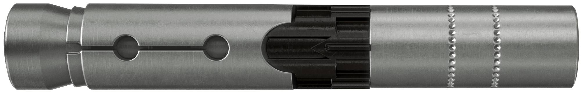 Metallische zylindrische mechanische Komponente mit gerilltem Griff und konischem Ende, horizontal auf weißem Hintergrund dargestellt.