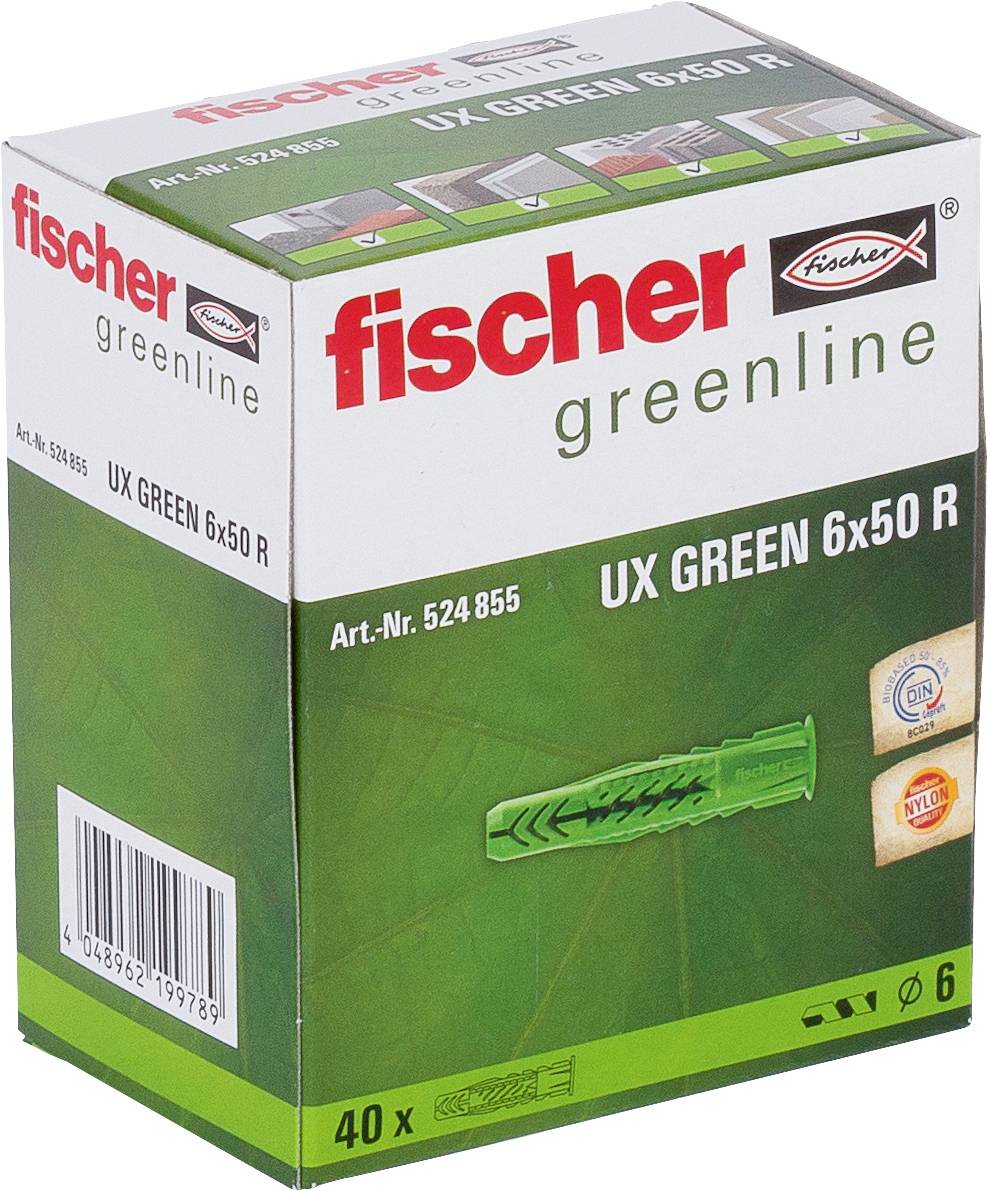Packung Fischer greenline UX GREEN 6x50 R Wanddübel, enthält 40 Stück und Produktnummer 524 855.