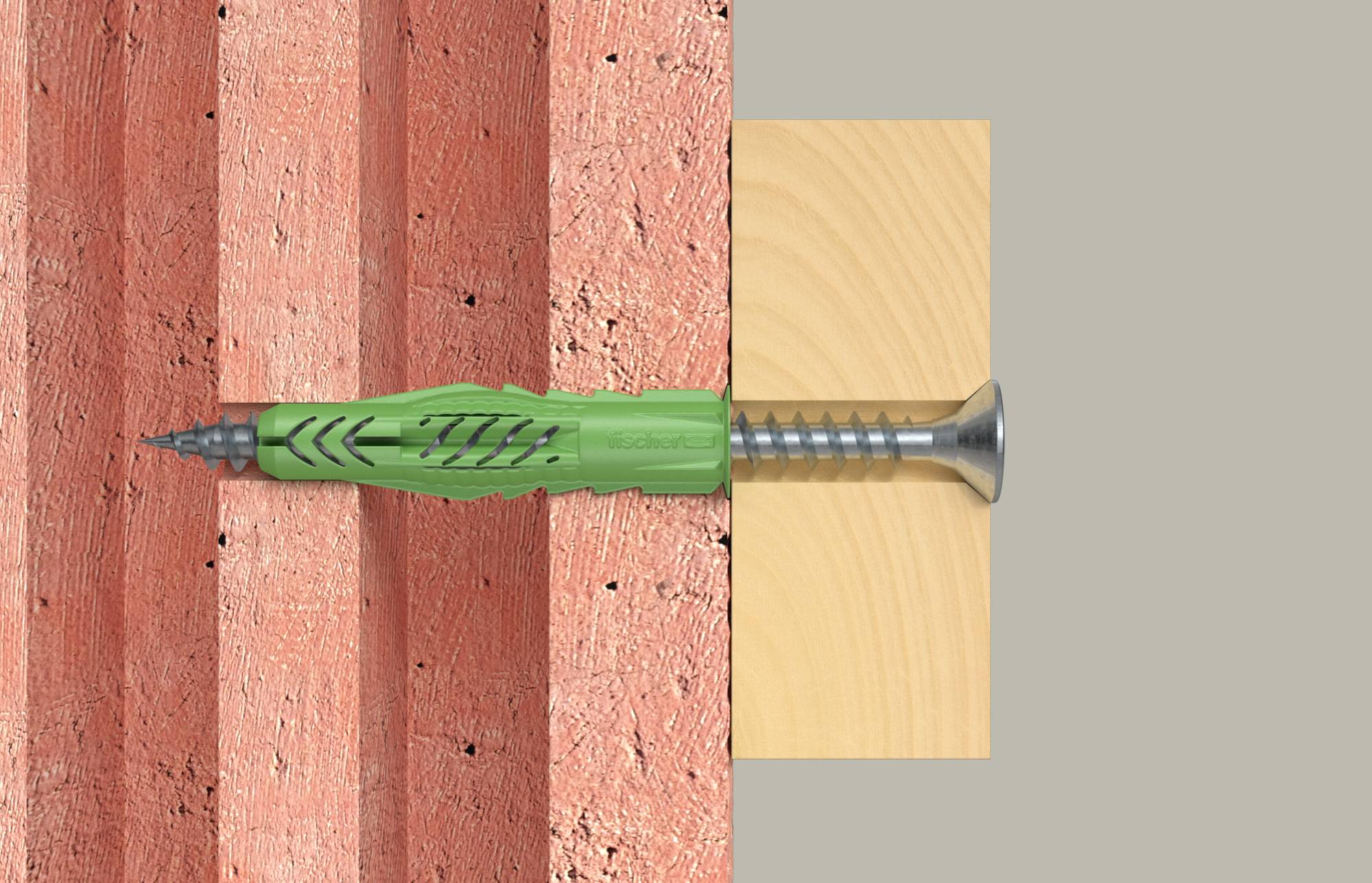 Illustration einer Wanddübel und Schraube, die ein Holzbrett an einer Backsteinmauer befestigen, wobei die Befestigung durch das Brett in das Mauerwerk eingeführt wird.
