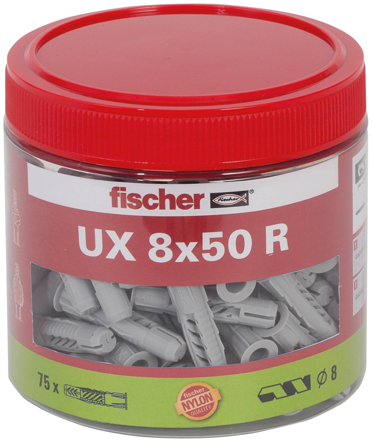 Behälter mit Fischer UX 8x50 R Nylon-Dübeln, mit rotem Deckel und sichtbaren grauen Ankern im Inneren.
