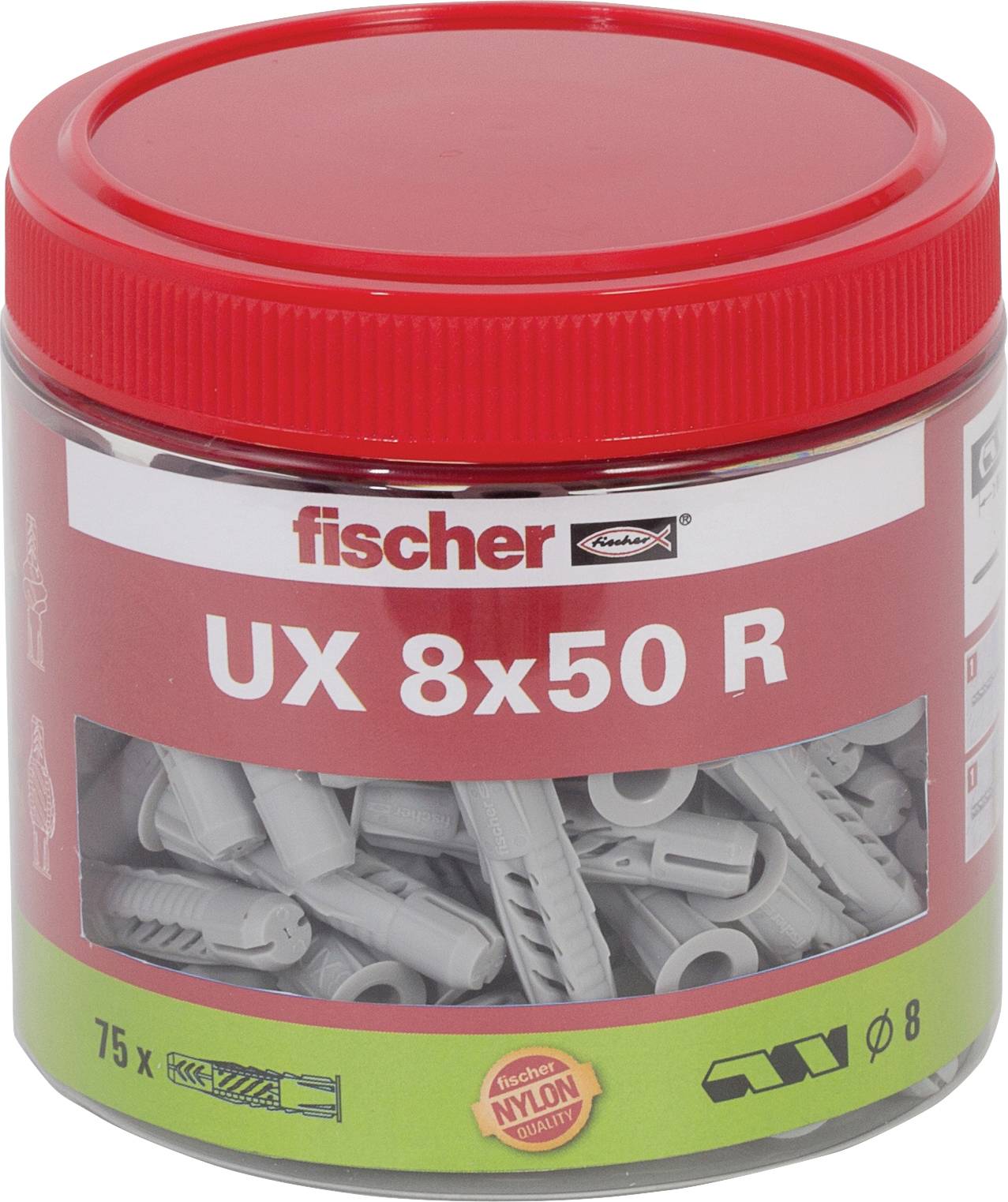 Behälter mit Fischer UX 8x50 R Nylon-Dübeln, mit rotem Deckel und sichtbaren grauen Ankern im Inneren.