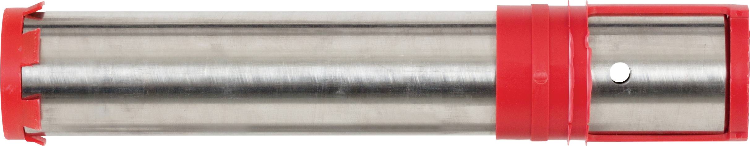 Ein metallisches zylindrisches Rohr mit roten Kunststoffendkappen und einem roten Band, horizontal auf weißem Hintergrund dargestellt.