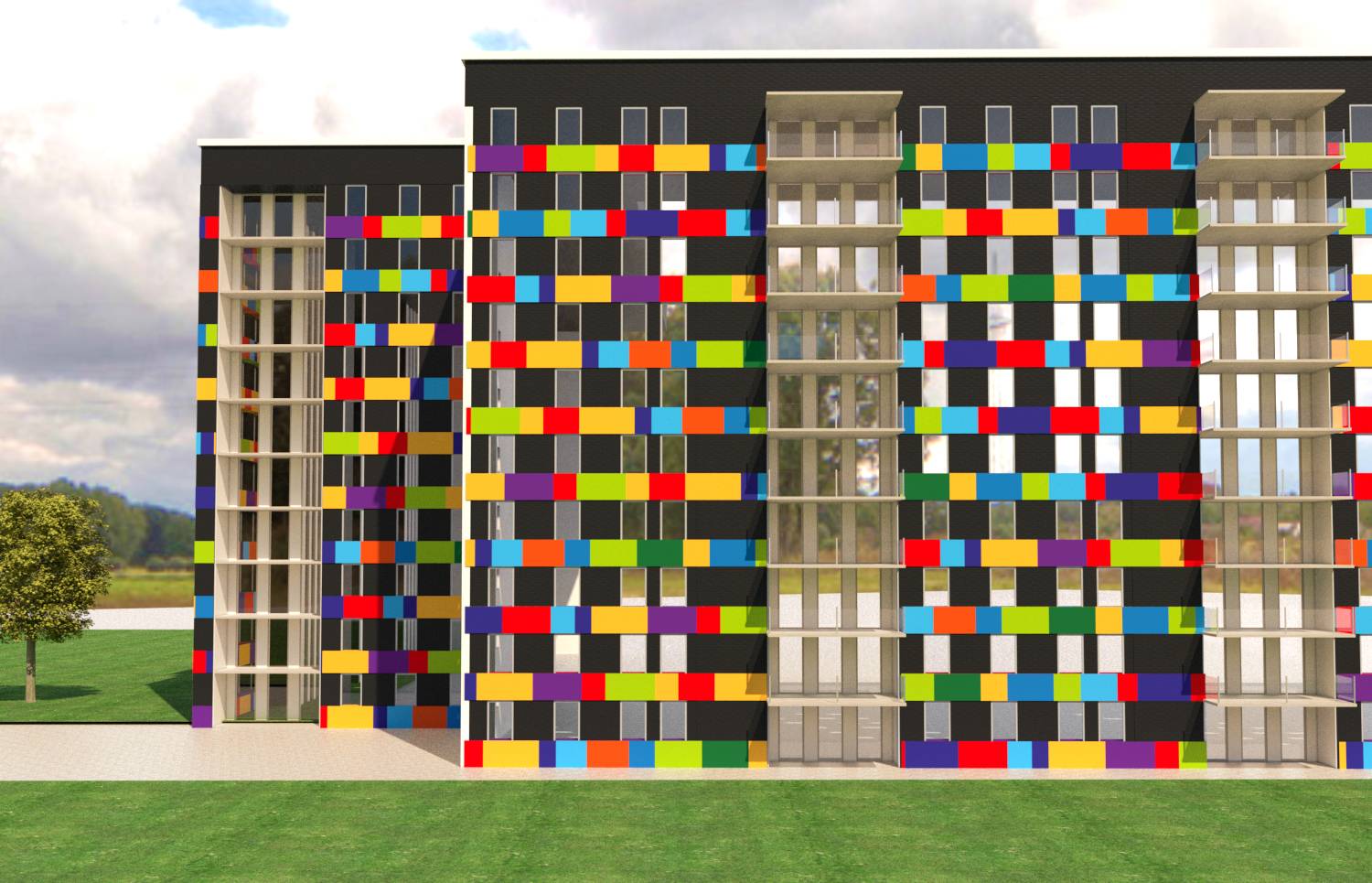 Modernes Apartment-Hochhaus mit farbenfroher Schachbrett-Fassade, verglaste Treppen-/Aufzugsbereiche und grüne Rasenfläche davor.