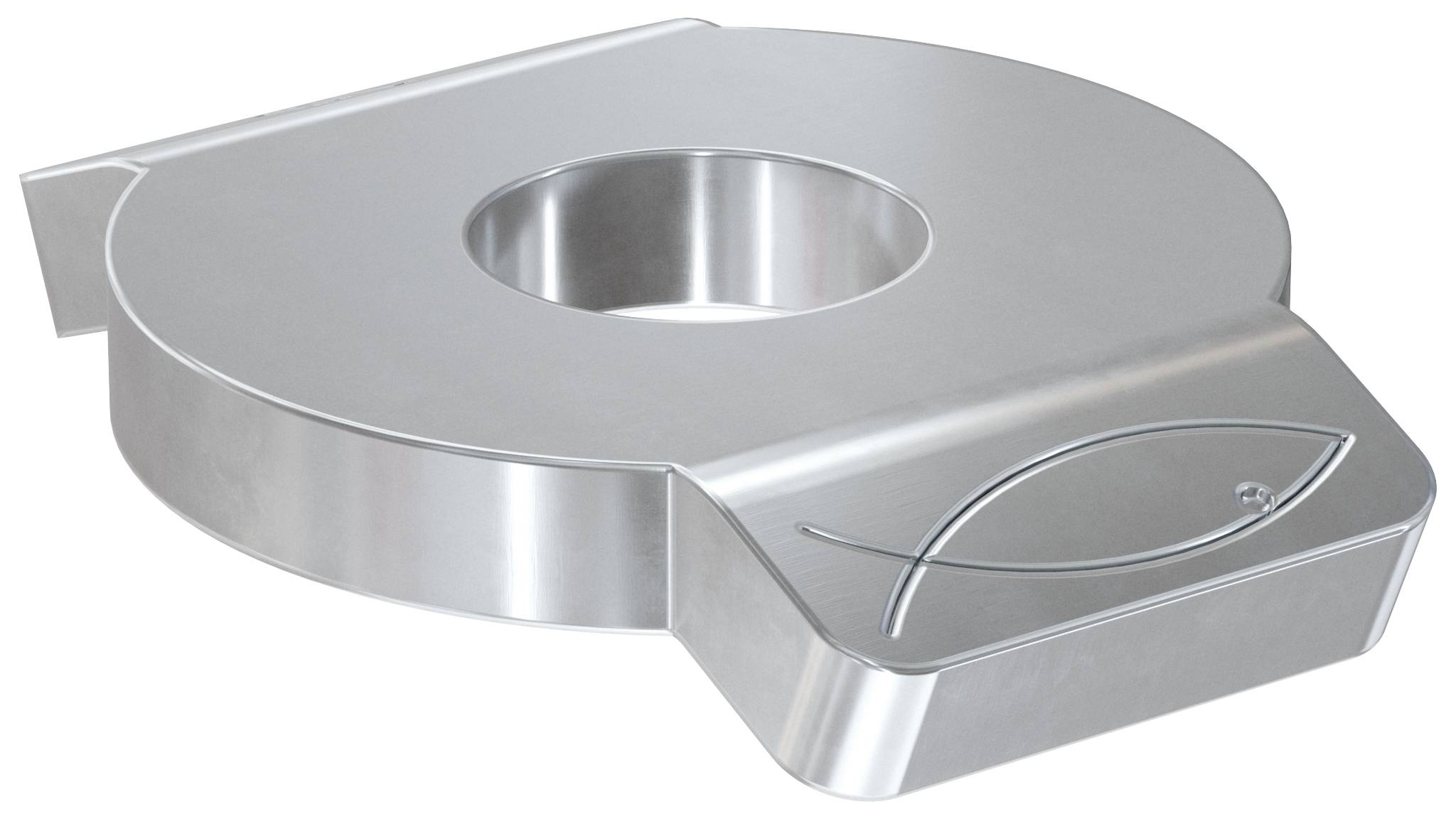 Silberner kreisförmiger metallischer Klemmring mit zentralem Loch und konischem Verriegelungsabschnitt auf der rechten Seite, dargestellt auf weißem Hintergrund.