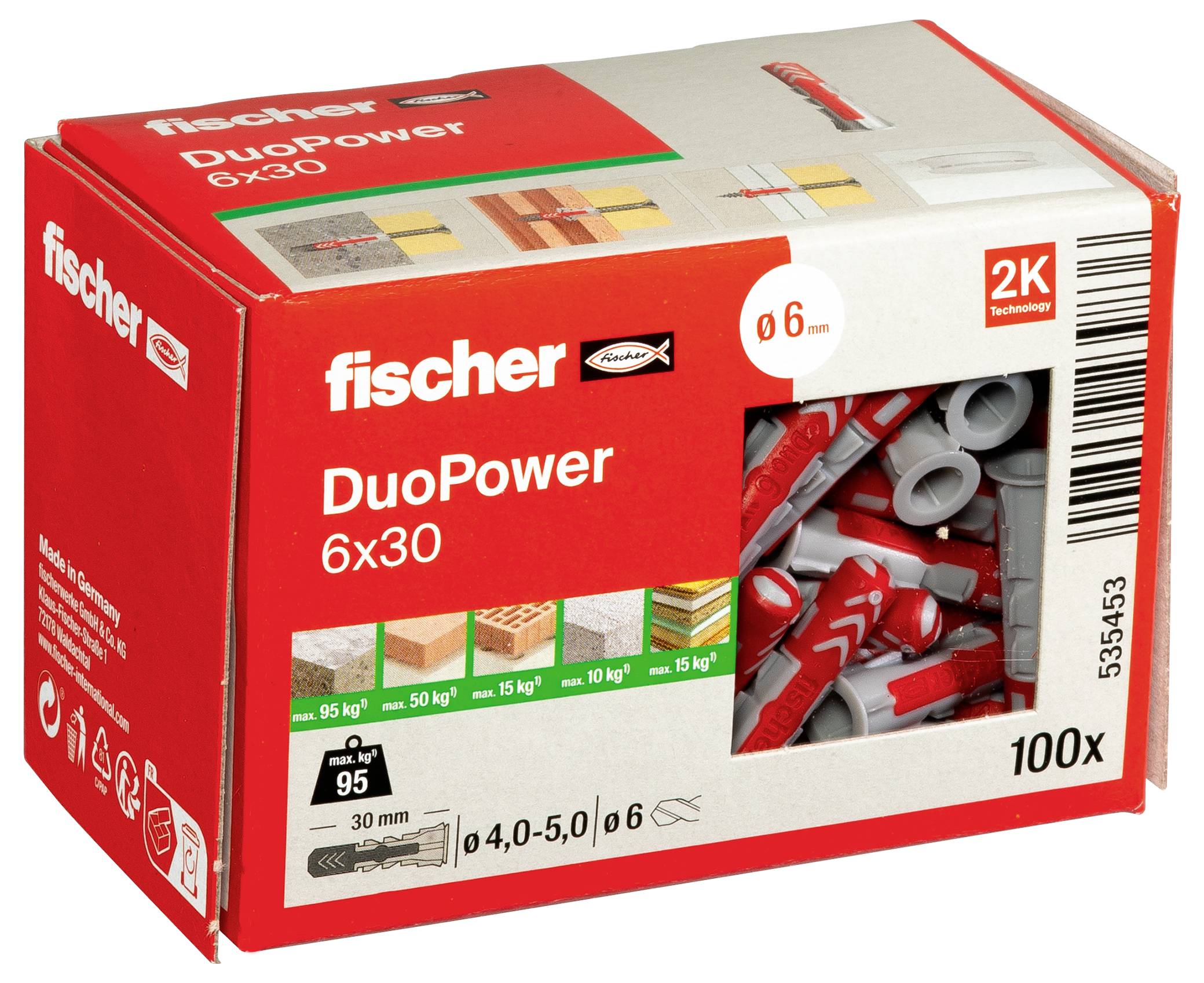 Eine Verpackung mit 100 fischer DuoPower-Dübeln, 6x30 mm, geeignet für 95 kg Last.