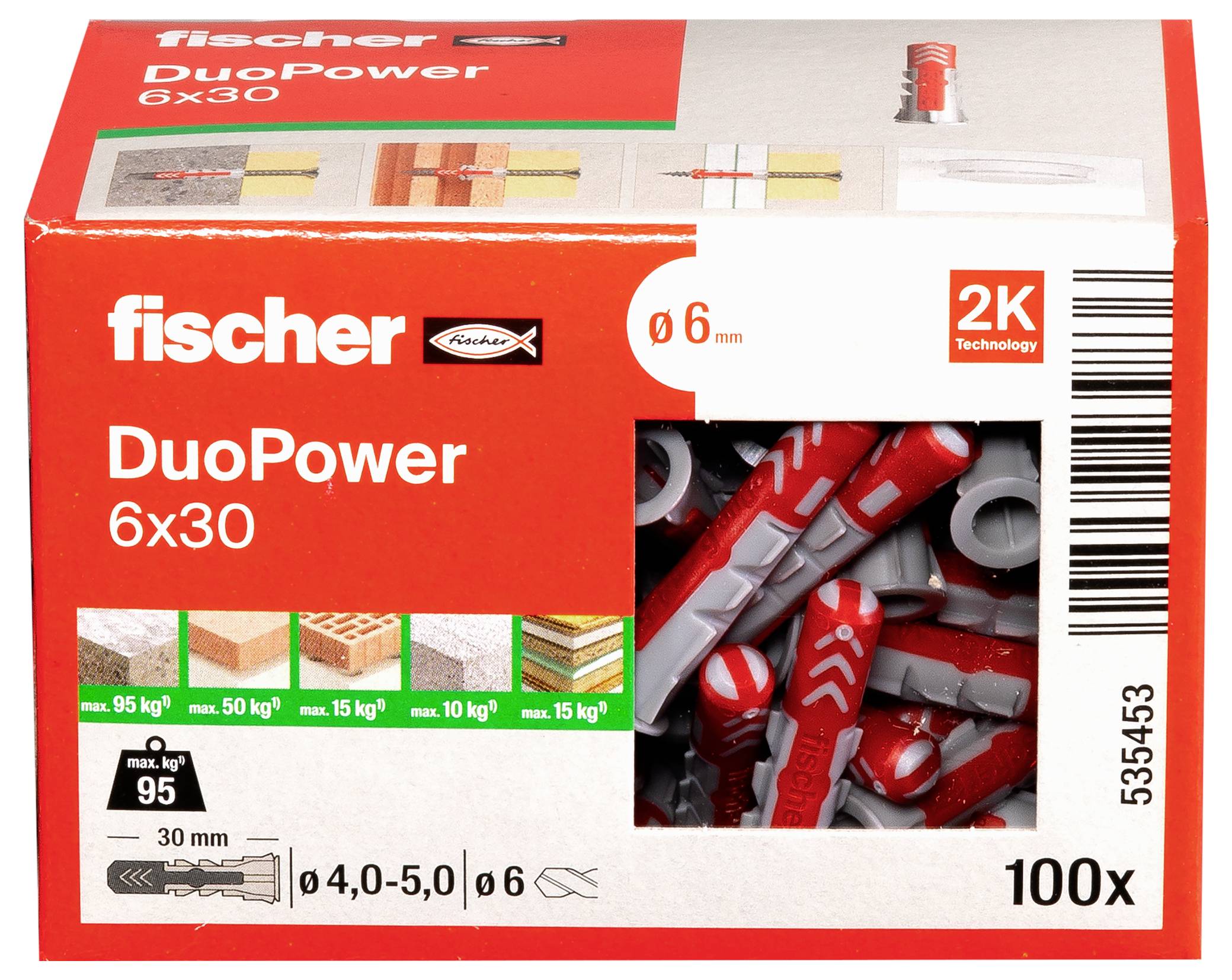 Die Verpackung zeigt Fischer DuoPower Dübel 6x30 mm. Geeignet für verschiedene Materialien. Enthält 100 Stück. Maximale Belastbarkeit in Abhängigkeit vom Material angegeben.