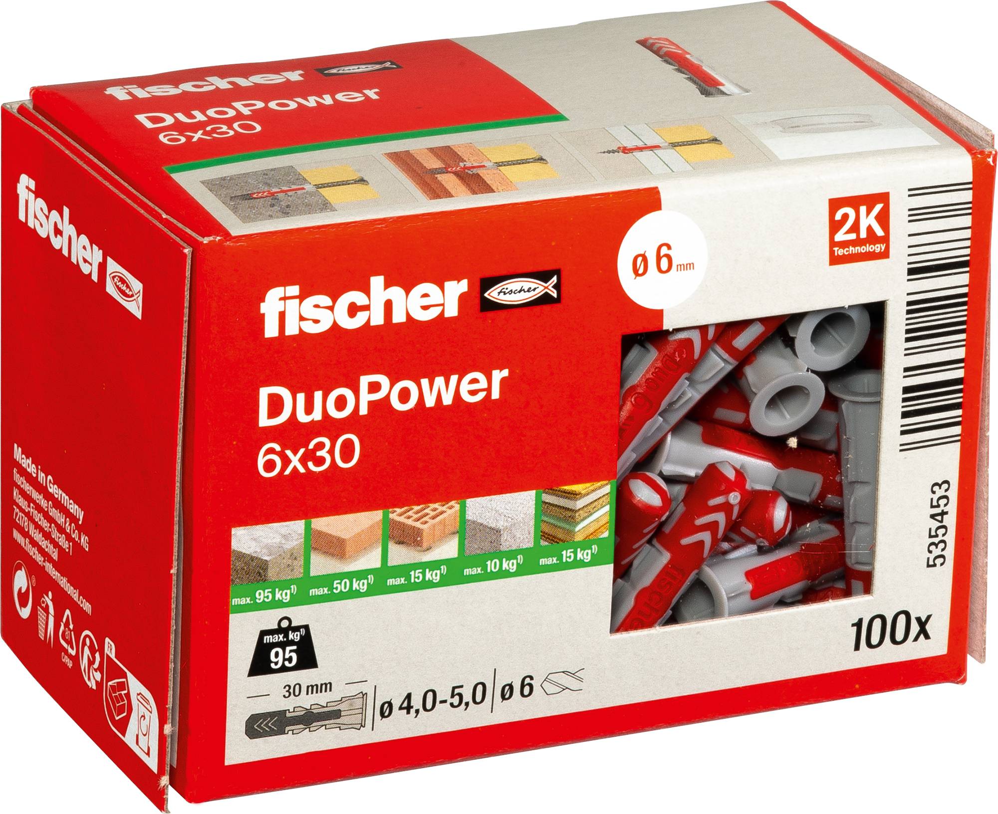 Packung mit 100 Fischer DuoPower 6x30 Dübeln, mit Dual-Material-Design für sichere Befestigung in verschiedenen Materialien; hält bis zu 50 kg.