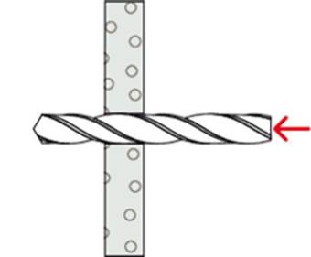 Ein Bohrer durchdringt ein perforiertes Metallstück von rechts nach links, begleitet von einem roten Pfeil, der die Bohrbewegung anzeigt.