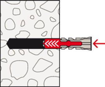 Illustration zeigt Querschnitt eines Dübels, der in einer Wand verankert ist. Der rote Pfeil zeigt die Richtung der Belastung an.