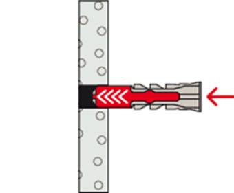 Illustration eines Dübels in einer Wand. Der Dübel ist rot und dehnt sich in der Wand aus, um sicheren Halt zu gewährleisten.