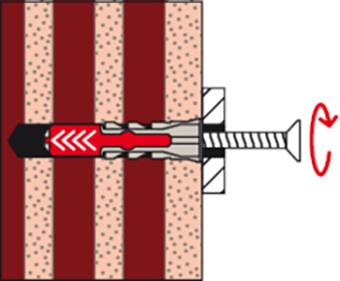 Diagramm eines Dübelmechanismus in einer Wand, der durch Drehen einer Schraube gesichert wird. Der Dübel dehnt sich gegen die Wand aus.