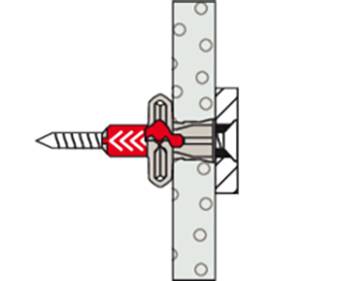 Illustration eines Dübels, der durch eine Wand geschraubt wird. Der Dübel ist rot markiert und zeigt die Befestigungsmechanik.